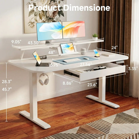 Electric Standing Desk With Drawers For Home Office 48 By 24 Inch Sit Stand Desk With Monitor And Laptop Stands Quiet Motor Under 55 dB Ergonomic Height Adjustable Desk With Memory Preset Controller For A Smooth WFH Setup in ivory white showing dimensions and setup near a window.