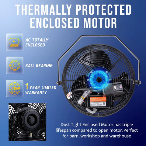 Beefy 12 Inch Outdoor Water-Resistant High-Velocity Wall Mount Fan IPX4 with enclosed motor features and warranty details.