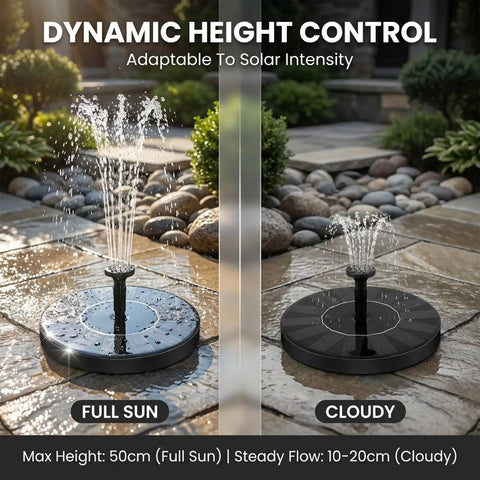 Floating Solar Fountain With Six Nozzles For Bird Bath And Garden Decor A Sun Powered Water Pump For Pond Pool And Outdoors No Wiring Needed Eco Friendly Auto Start In Direct Sun Easy Setup Keeps Water Moving, shown on patio with dynamic height control.