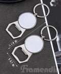 10 Pack Sublimation Bottle Opener Keychains for Heat Transfer Printing Blank Metal Key Rings for DIY Crafts Aluminum Plate Sublimation Ready Durable Round Keychain With Built In Bottle Opener for Custom Gifts shown on dark surface with dimensions highlighted.