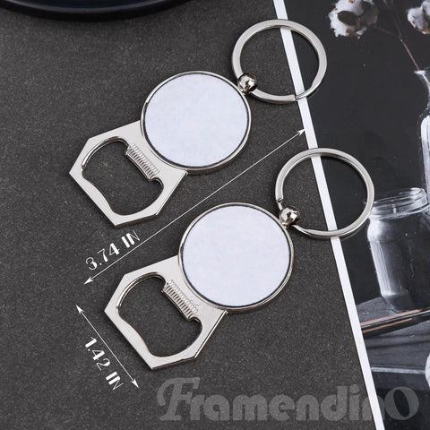 10 Pack Sublimation Bottle Opener Keychains for Heat Transfer Printing Blank Metal Key Rings for DIY Crafts Aluminum Plate Sublimation Ready Durable Round Keychain With Built In Bottle Opener for Custom Gifts shown on dark surface with dimensions highlighted.