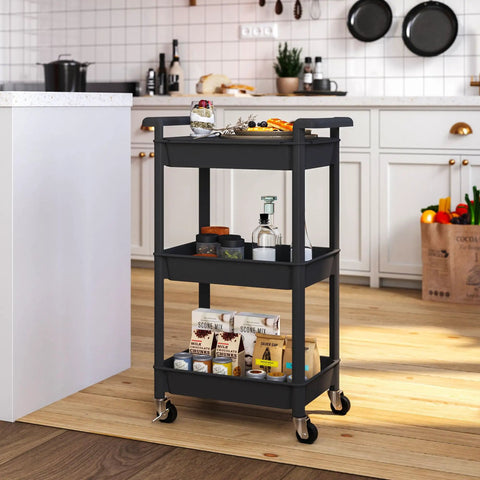 Three Tier Rolling Cart With Lockable Casters And Covered Top Board Great For Kitchen Office Bathroom Garden Or Laundry Room Mobile Storage Trolley That Keeps Your Stuff Easy To Access On The Go in a kitchen setting