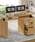 Modern Electric Standing Desk With Hella Spacious Storage And Integrated File Cabinet Featuring Slick Motorized Height Adjustment In Rich Oak Brown, showing dual monitors and drawers.