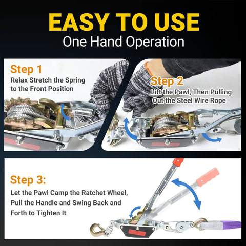 Beefy 2 Ton Come Along Winch For Vehicle Recovery And Outdoor Tough Jobs, Rugged Hand Winch With 4,400 Lbs Pulling Power, Built For Trucks, Trailers, Farm Work, Fence Stretching, Log And Tree Removal, one-hand ratchet operation