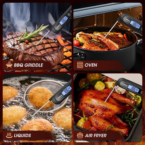 Collage with Digital Meat Thermometer Instant Read In 3 Seconds With Backlit Display And Magnetic Mount Foldable Probe For BBQ and cooking