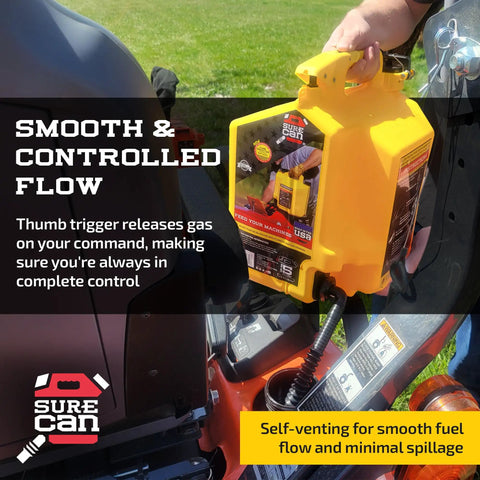Tough 5 Gallon Type Ii Safety Jerry Can In Bright Yellow with flexible spout, ergonomic thumb trigger for controlled fuel dispensing.