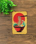 Funny Vintage Metal Sign Ramen Bowl With Waves And Sun 8x12 Inch Tin Wall Sign Poster, retro kitchen decor on wood surface