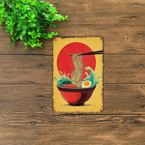 Funny Vintage Metal Sign Ramen Bowl With Waves And Sun 8x12 Inch Tin Wall Sign Poster, retro kitchen decor on wood surface