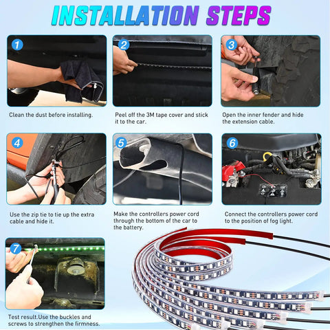 Installation steps for Six Piece Dope Underglow Neon Accent Strip Lights With 300 LEDs RGB Multi Color DIY Sound Active Music Mode App Control And Remote For Van SUV Truck Easy Install