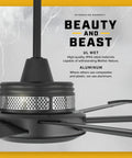 Close-up of Heavy Duty 84 Inch Outdoor Ceiling Fan With Smart WiFi And Voice Control For Big Backyards Quiet Wet Rated Black Finish.