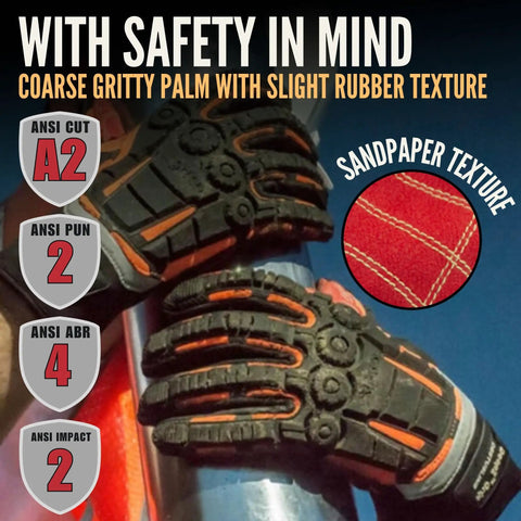 Deep II Grip Extrication Gloves With PVC Palm And Kevlar Stitching For Men Red Palm Large gripping a pole, showing sandpaper texture.