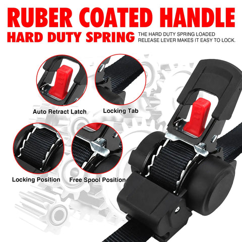 Heavy Duty 2 Pack Retractable Ratchet Straps 1 Inch X 10.5 Feet 1760 Lb Break Strength, showing rubber coated handle and locking mechanism.