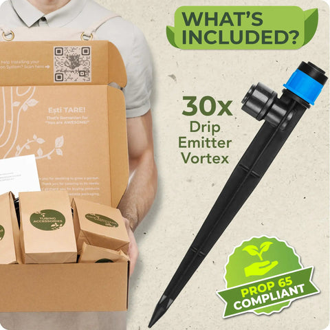 30 Pcs Drip Irrigation Emitters With Push To Connect Adjustable 360 Degree Drip Emitters On Six Inch Stake With Vortex Design
