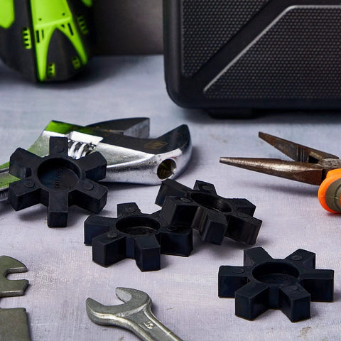 Black NBR rubber spider inserts for L jaw coupling; solid spider centers, 4 pcs (L100)