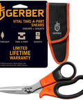 Take-A-Part Poultry And Small Game Shears With Serrated Blades, Pivot Pin Release, Bright Orange Rubber Handle shown with sheath