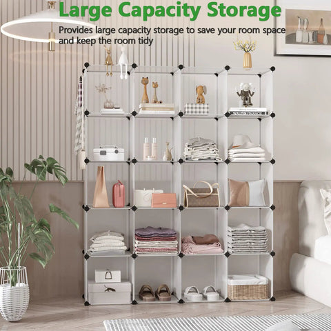 20 Cube Storage Organizer Shelves Unit DIY Plastic Modular Bookcase in Transparent White for Bedroom Living Room and Office