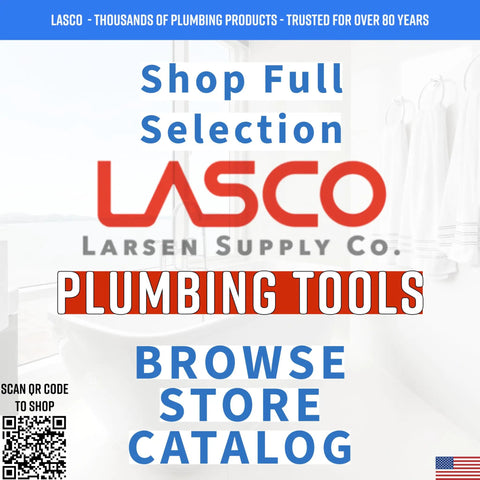 LASCO Larsen Supply Co. plumbing tools in a bathroom setting with QR code to browse store catalog.
