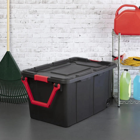 Two Pack 160 Quart Black Stackable Rolling Storage Bins with Heavy Duty Red Latches and Smooth Glide Wheels in garage setting.