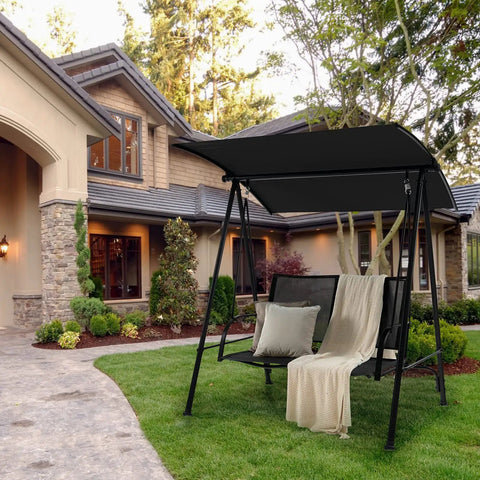 Two Person Porch Swing With Adjustable Canopy, Comfortable Fabric Seat And Heavy Duty Steel Frame in garden setting