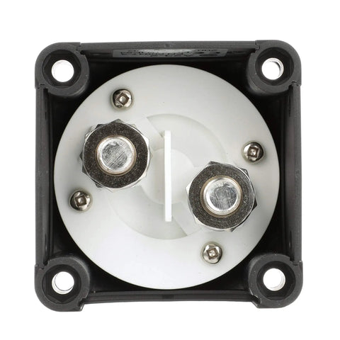 Battery Switch On Off For A Single Battery With Removable Control Knob 12 To 50 Volt DC Marine Power Control Easy Install Prevents Battery Drain Theft Resistant Knob Durable Boat Marine Accessory, front view terminals