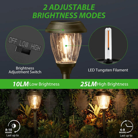 Solar Pathway Lights Outdoor Warm White 10 Or 25 Lumens Glass Solar Lights For Yard Patio And Walkway Waterproof Landscape Lighting With Auto On Off No Fuss Install And Low Maintenance Decorative Garden Lamps For Lawn And Driveway showing adjustable brightness modes.