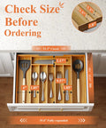 Expandable Bamboo Silverware Organizer For Drawers, Ultra Roomy 6 To 8 Slot Utensil Tray, shown fully expanded in kitchen drawer