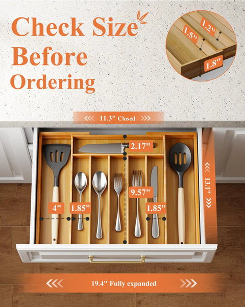 Expandable Bamboo Silverware Organizer For Drawers, Ultra Roomy 6 To 8 Slot Utensil Tray, shown fully expanded in kitchen drawer