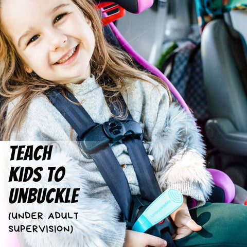 Child using Car Seat Buckle Release Tool For Easy Unbuckling On 5 Point Harnesses, Thumb Pain Relief And Nail Saver, As Seen On Shark Tank