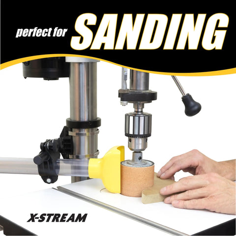 Top Shelf Pro Grade Universal Drill Press Dust Collector With Multi Axis Adjustable Hose Mount for rapid sanding and dust collection.