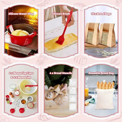 All In One Sourdough Starter Kit with round and oval banneton baskets, starter jar, silicone bread sling, lame, whisk, and tools