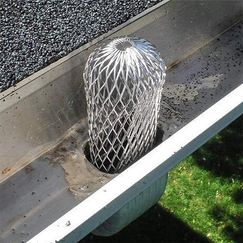 Four Pack Expandable Aluminum Gutter Downspout Guards and Leaf Filter Strainers installed in gutter, blocking debris.