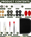 Contents of Tactical Survival Sewing Kit With Buttons, Durable Nylon, including scissors, needles, buttons, and nylon carrying bag.