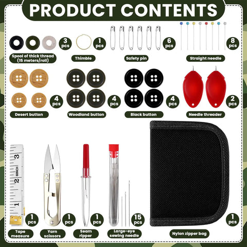 Contents of Tactical Survival Sewing Kit With Buttons, Durable Nylon, including scissors, needles, buttons, and nylon carrying bag.