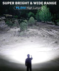 Rechargeable LED Flashlight 990000 Lumen Beast Mode Brightness lighting up a dark outdoor area at night with wide beam