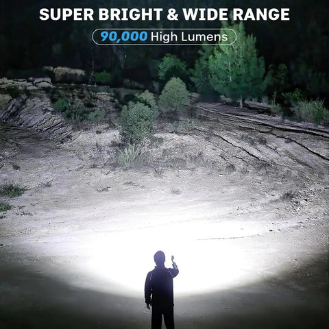 Rechargeable LED Flashlight 990000 Lumen Beast Mode Brightness lighting up a dark outdoor area at night with wide beam