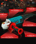 Beast Four And A Half Inch Angle Grinder With 1200W Motor, 11,000 RPM, labeled features, non slip shockproof handle.