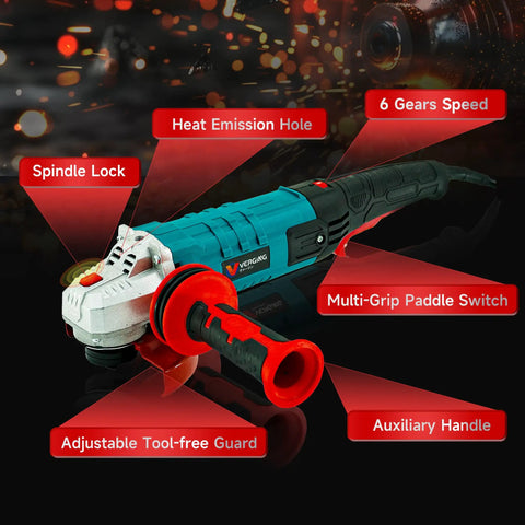 Beast Four And A Half Inch Angle Grinder With 1200W Motor, 11,000 RPM, labeled features, non slip shockproof handle.