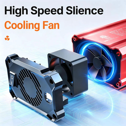 High Speed Silence Cooling Fan next to 300W Car Power Inverter, ideal for keeping devices cool during use on the go.