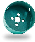 Front view of teal Qjaiune 70mm hole saw with arbor; bi-metal cutter for wood, plastic, drywall