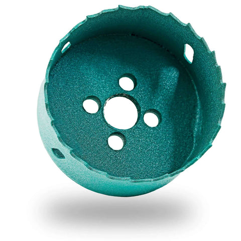 Front view of teal Qjaiune 70mm hole saw with arbor; bi-metal cutter for wood, plastic, drywall