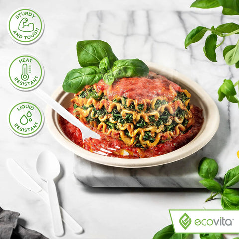100% Compostable Large Disposable Spoons, 6.5 Inch Bulk Pack, Eco Friendly, Ultra Durable and Heat Resistant Cutlery Alternative With Tray for Parties, Catering, and Everyday Use with hot pasta