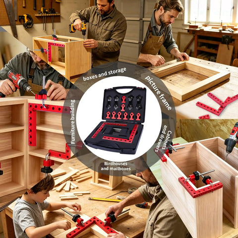 Heavy Duty 4 Pc Aluminum Corner Clamps Perfect For Precise Woodworking Projects With Rust Proof And Durable Construction For Easy Right Angle Jigging in use for furniture building.