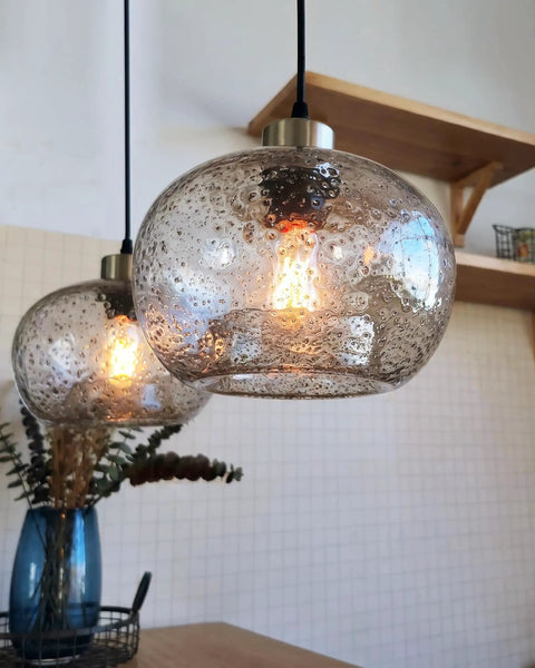Pendant Lighting For Kitchen Island Two Pack Hand Blown Glass Bubbles With Pumpkin Shape Blue Finish Dope Modern Ceiling Fixtures In Brushed Nickel Finish Easy Install ETL Certified.