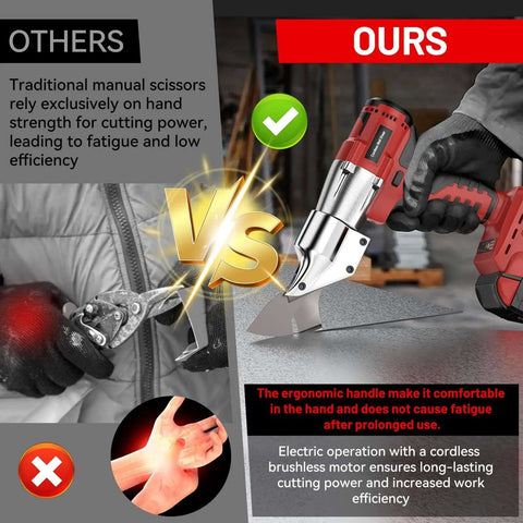 Manual scissors vs Pro Grade Cordless Metal Shears With 18V Power, 360 Degree Rotating Head, 221 Ft-Lbs Torque, depicting ergonomic benefits