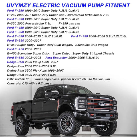 UVYMZY electric vacuum pump fitment text over a black Ford Super Duty pickup truck.