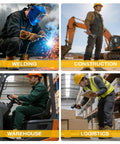 Collage of industrial workers in welding, construction, warehousing, and logistics settings with equipment and safety gear.