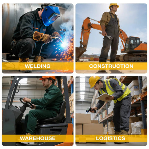Collage of industrial workers in welding, construction, warehousing, and logistics settings with equipment and safety gear.