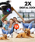 Family enjoying time with a dog; 4K USB HDMI Camera Module With 120 Degree Wide Angle Lens 4K 30fps PC Webcam For Laser Engravers Lightburn 2X Digital Zoom UVC USB 2.0 Plug and Play Security Cam For Laptop Raspberry Pi And More. Inset of camera module and 2X zoom text.