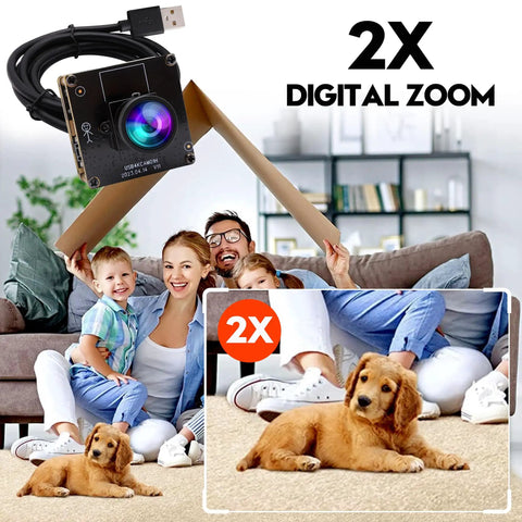 Family enjoying time with a dog; 4K USB HDMI Camera Module With 120 Degree Wide Angle Lens 4K 30fps PC Webcam For Laser Engravers Lightburn 2X Digital Zoom UVC USB 2.0 Plug and Play Security Cam For Laptop Raspberry Pi And More. Inset of camera module and 2X zoom text.