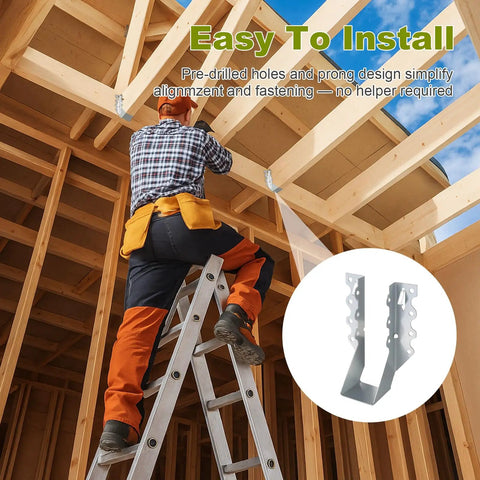 Person installing 2x8 Joist Hangers Set 50 Pcs 20 Gauge Heavy Duty Face Mount Rafter Brackets for framing on wood structure.